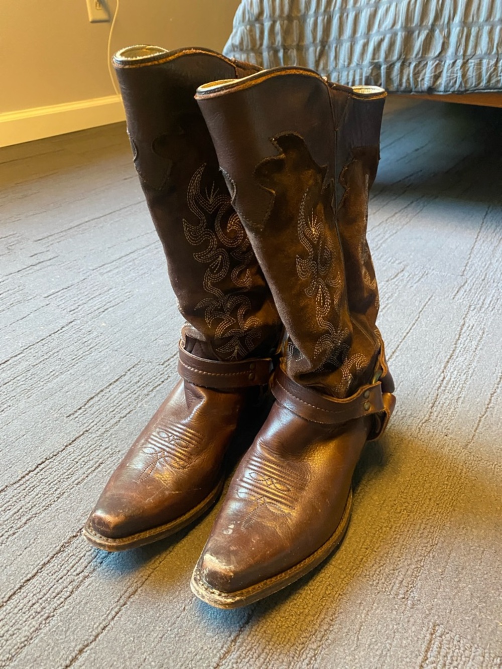 Frye Brown Leather Harness Cowboy Boots